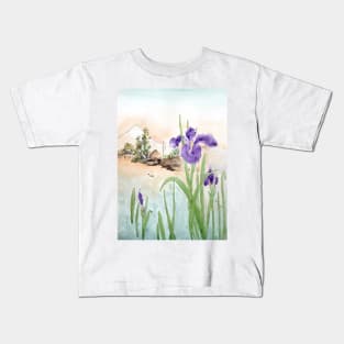 purple iris and Mount Fuji Kids T-Shirt